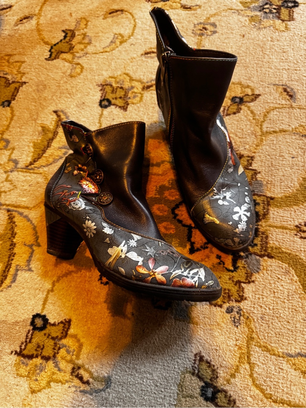 Black Floral Embroidered Ankle Heeled Boots